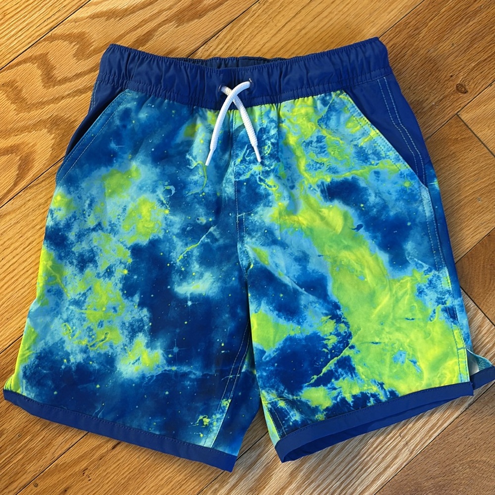 Lands' End Royal Blue-neon Green cosmic print  bathing suit